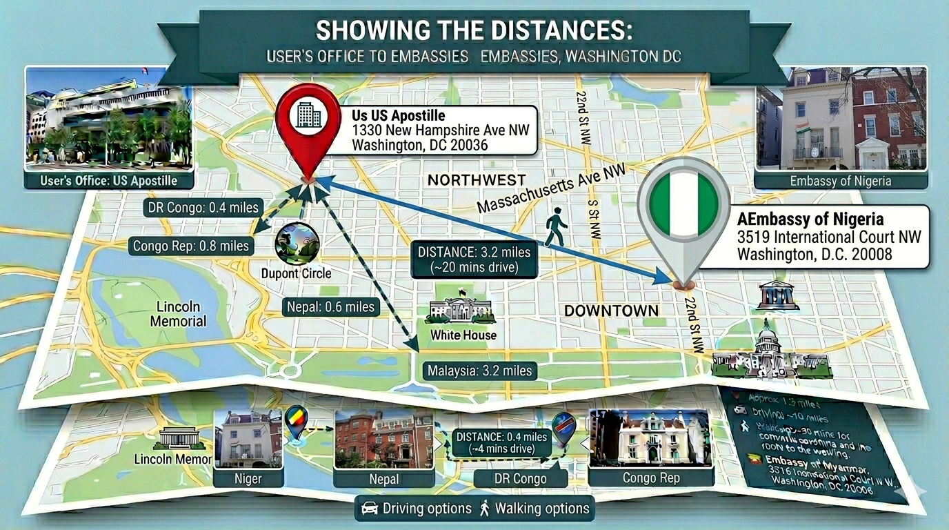 Map of Nigeria Embassy Legalization Services in Washington D.C.